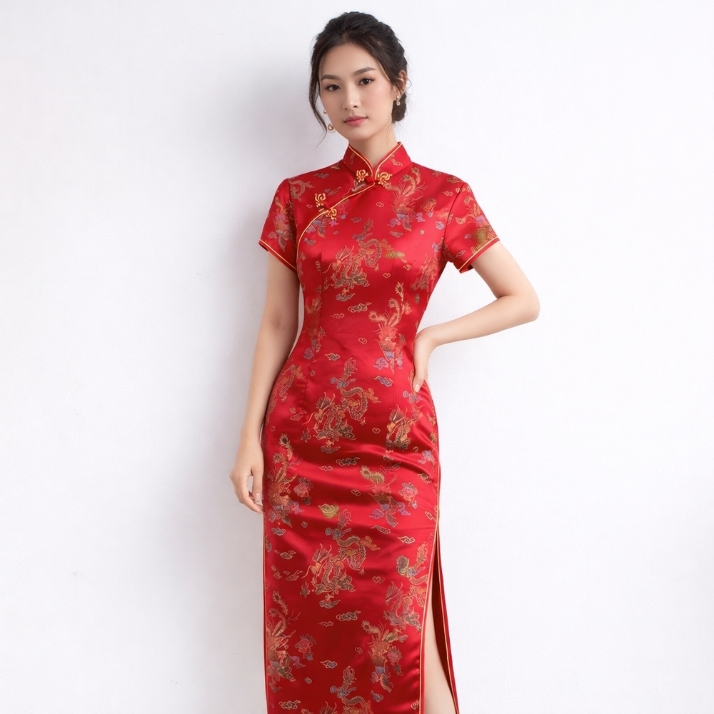 FANG Red and Gold Maxi Cheongsam Dress